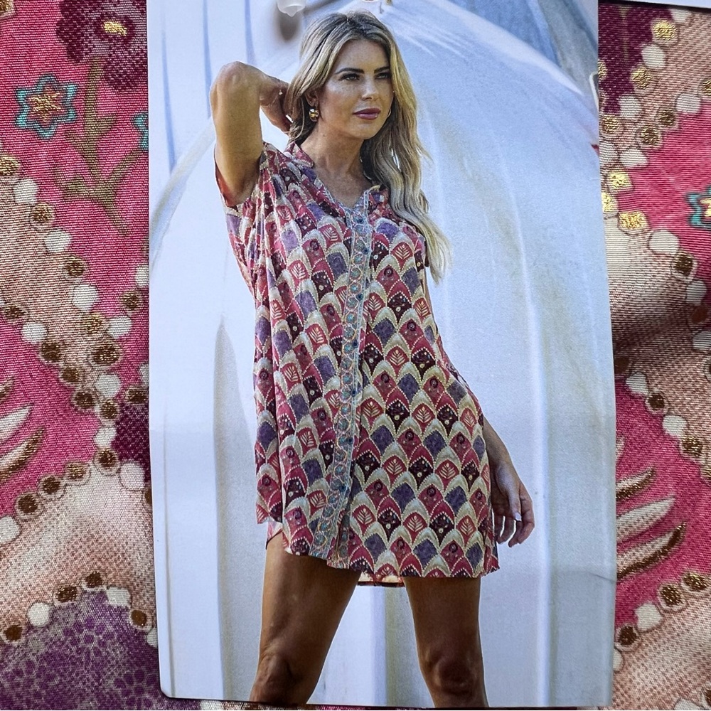 NEW Cienna Silk Blend Salma Oversized Shirt Dress Sz S Short Sleeve Mini Relaxed